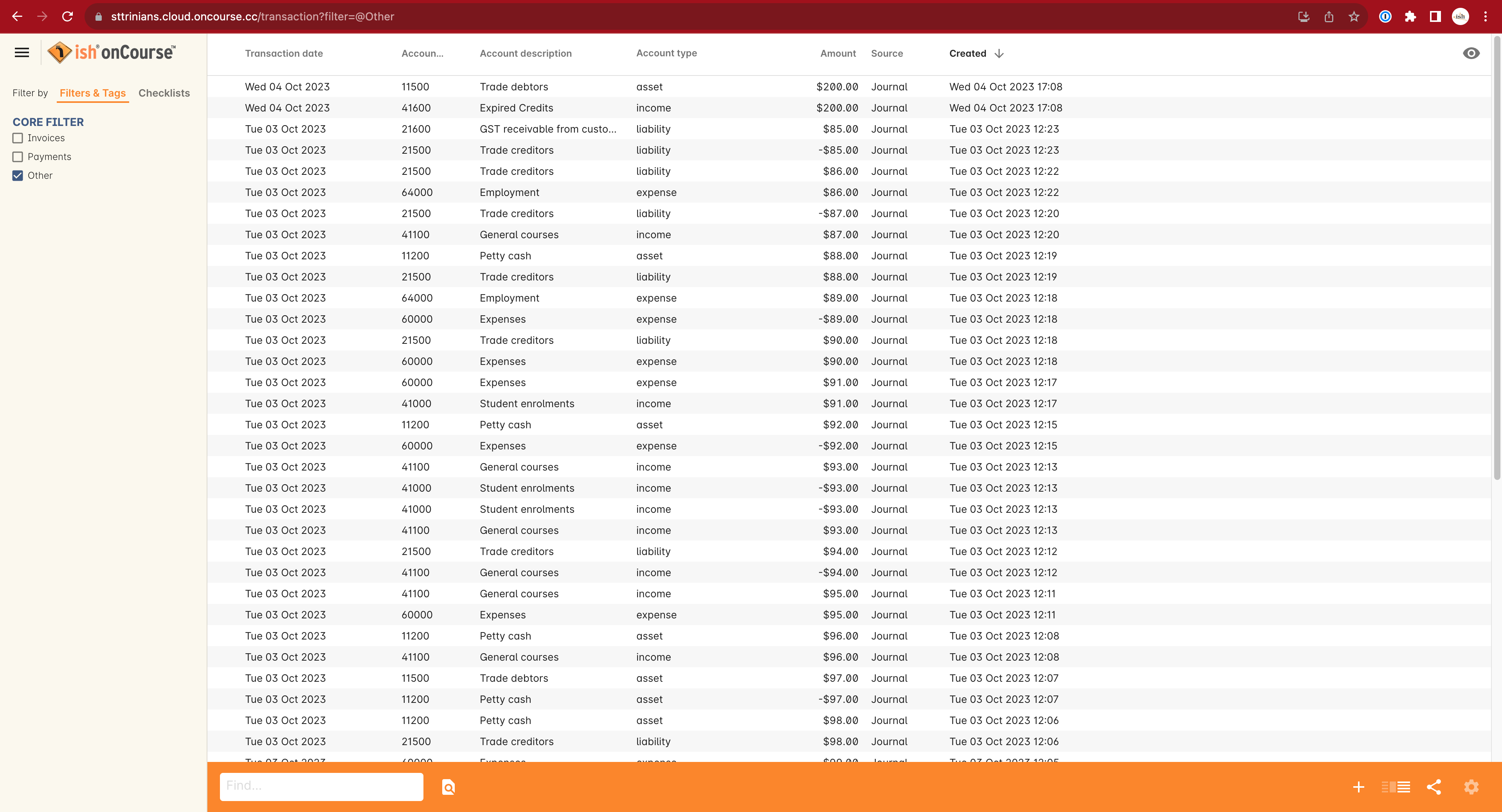 Journal transactions shown by choosing 'Other'