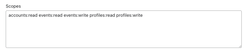 Example of listed scopes including accounts:read, events:read, etc. with spaces between each entry