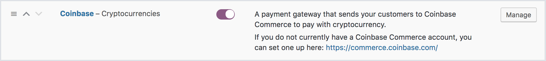 Coinbase in the list of available payment gateways.
