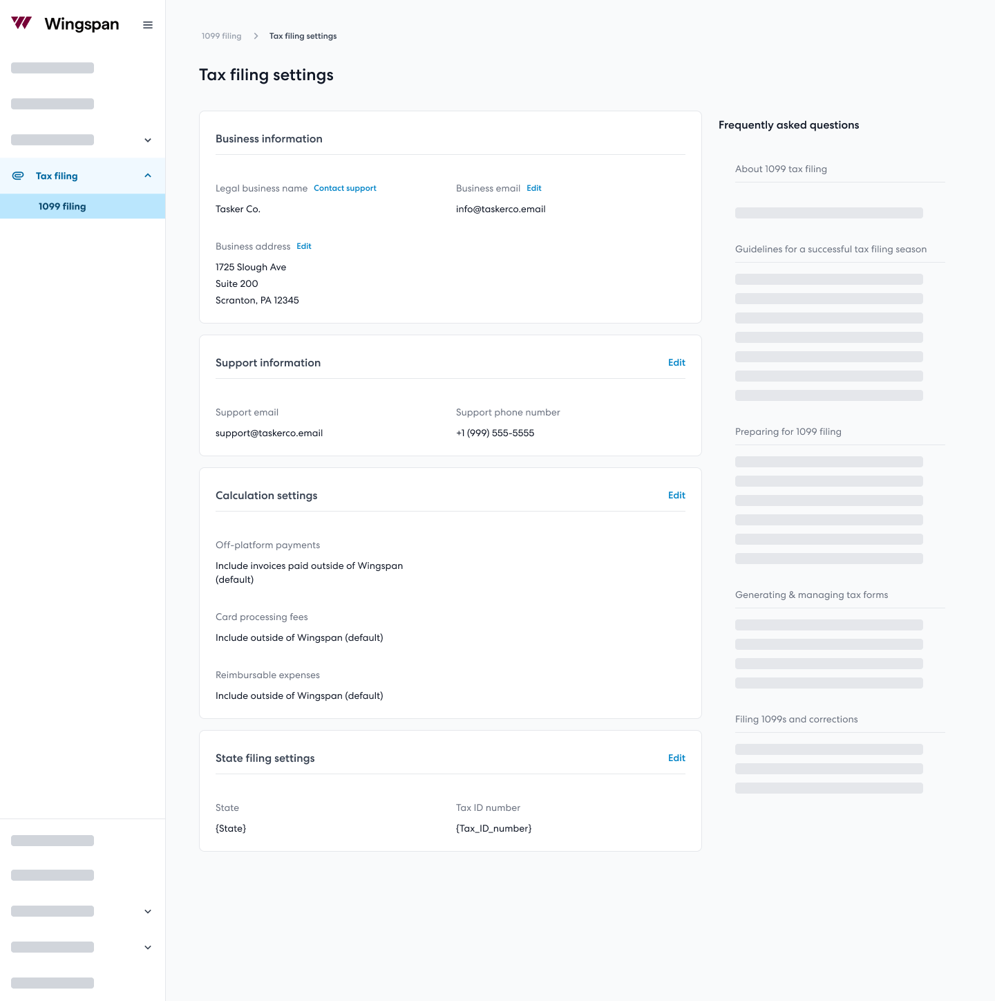 Tax filing settings screenshot