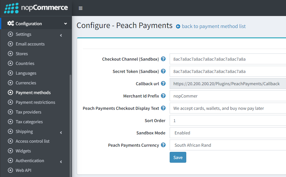 Peach Payments plugin configuration.