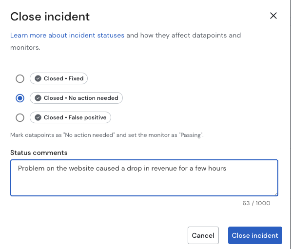Closing an incident with a comment
