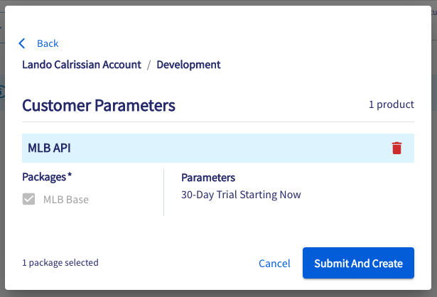 4\. View your selected package(s) and click **Submit and Create** to begin your 30-day trial.