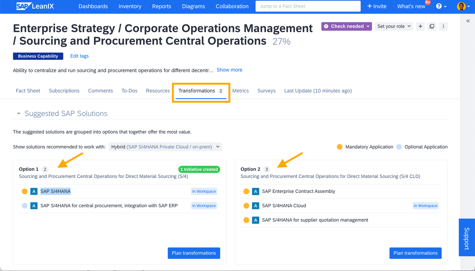 Suggested SAP Solutions Listed in Business Capability Fact Sheet