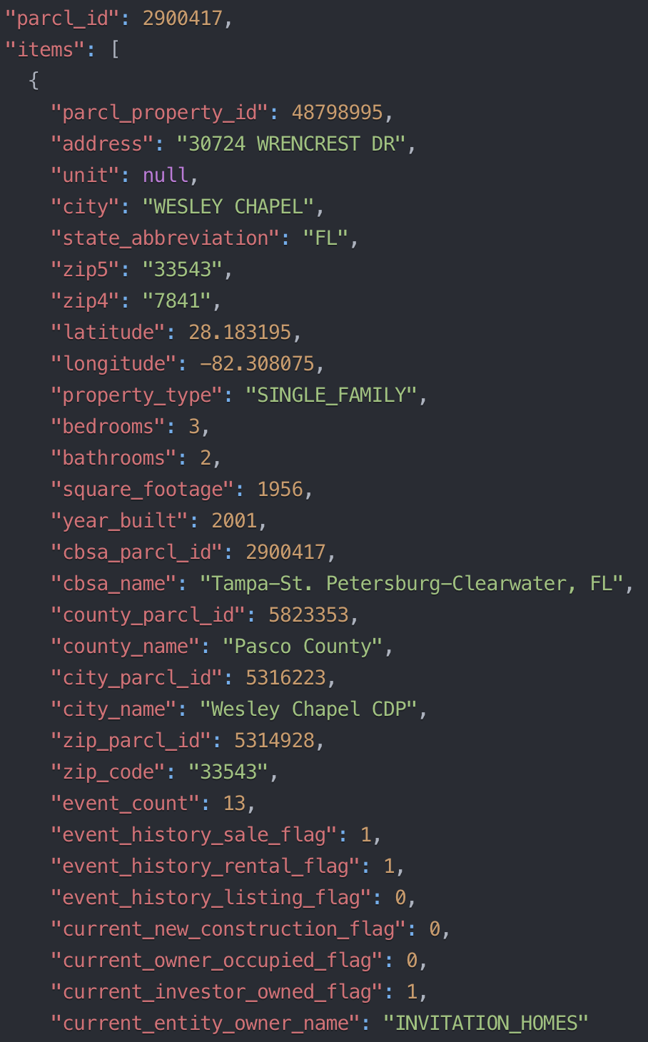 Example JSON for a single property returned by Property Search endpoint