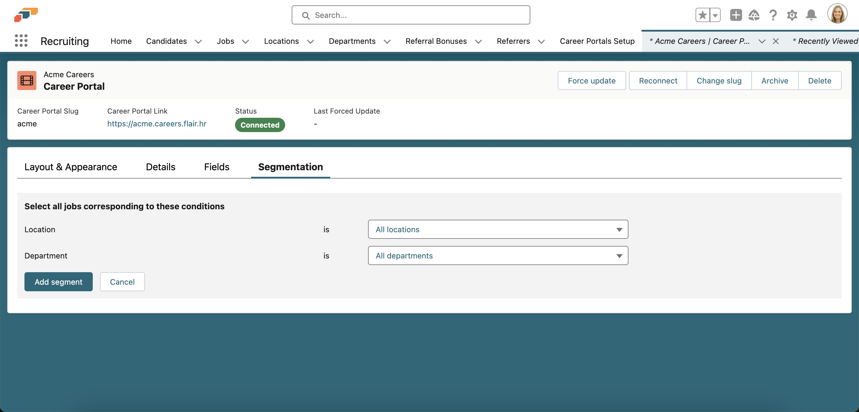 Add segments to your flair career portal to choose which jobs are displayed