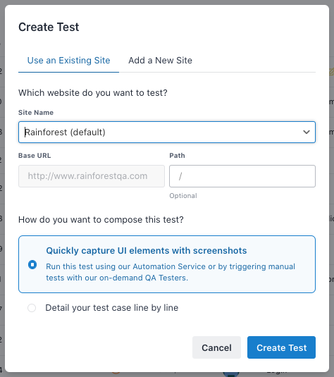 1.png The Create Test modal.