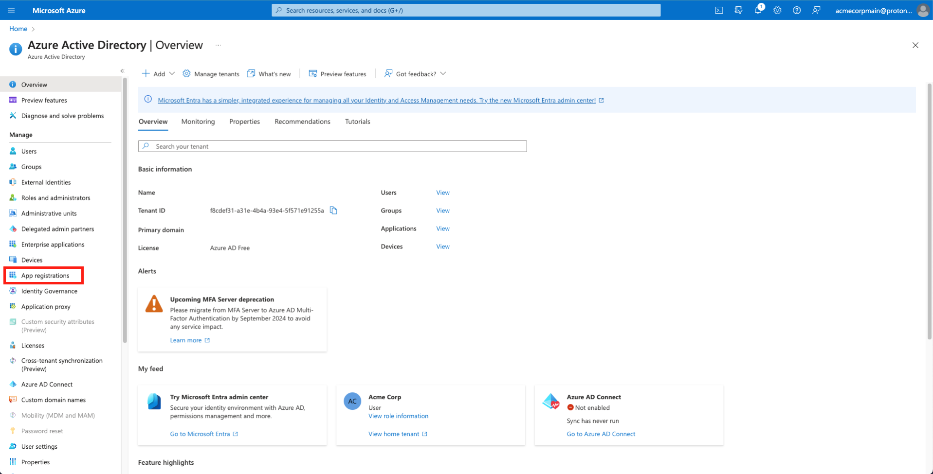 Select 'App registrations' from the 'Azure Active Directory | Overview'