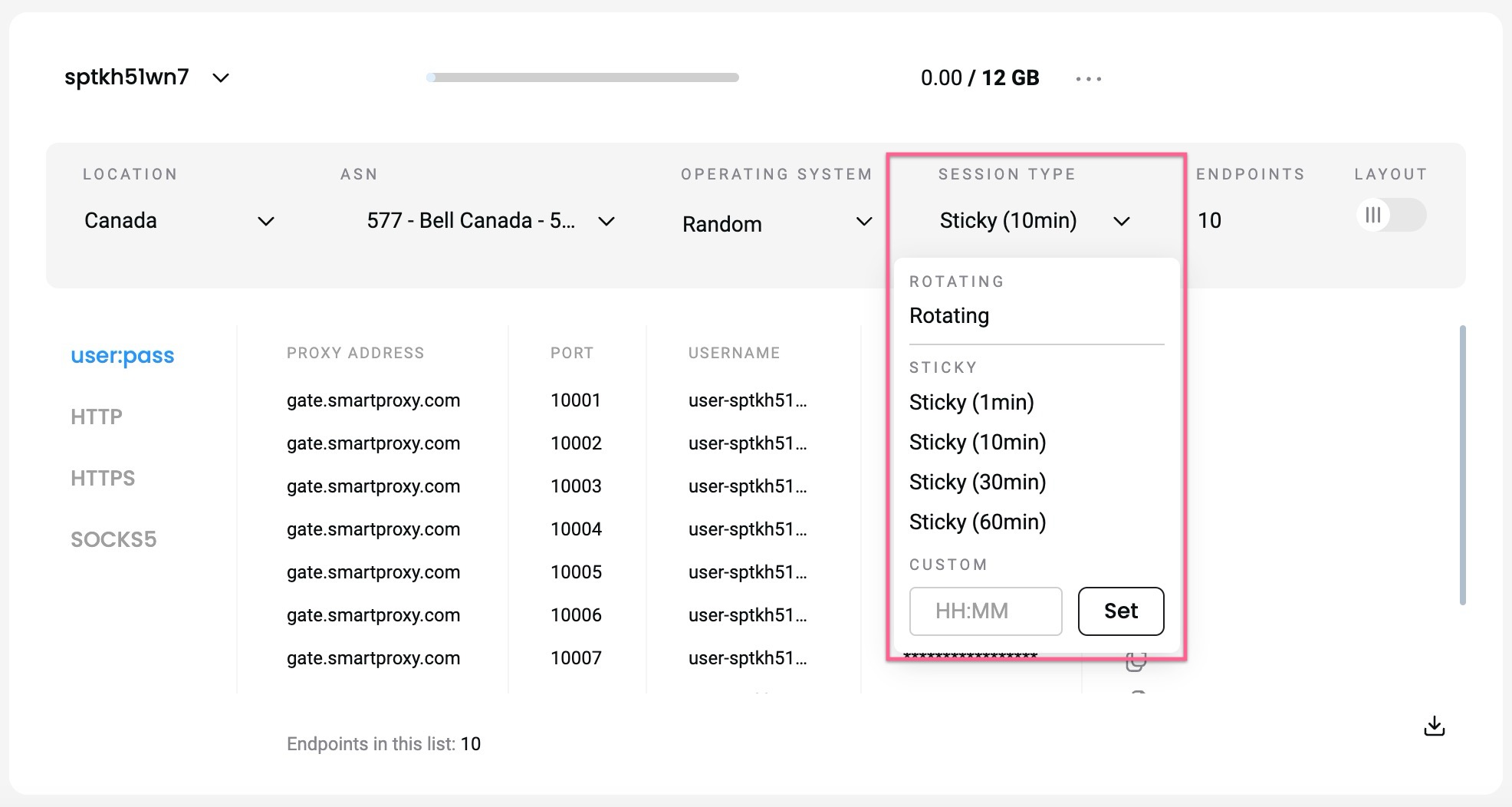 Sticky session type selection.