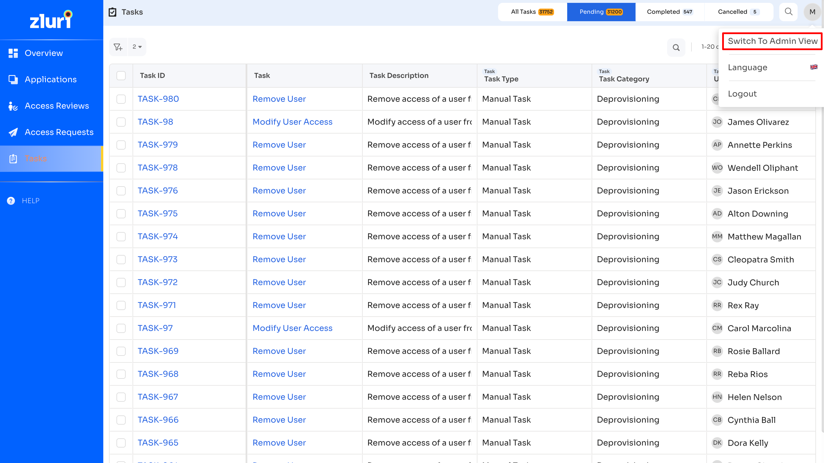 Switch to Admin view from Employee view: Tasks Dashboard
