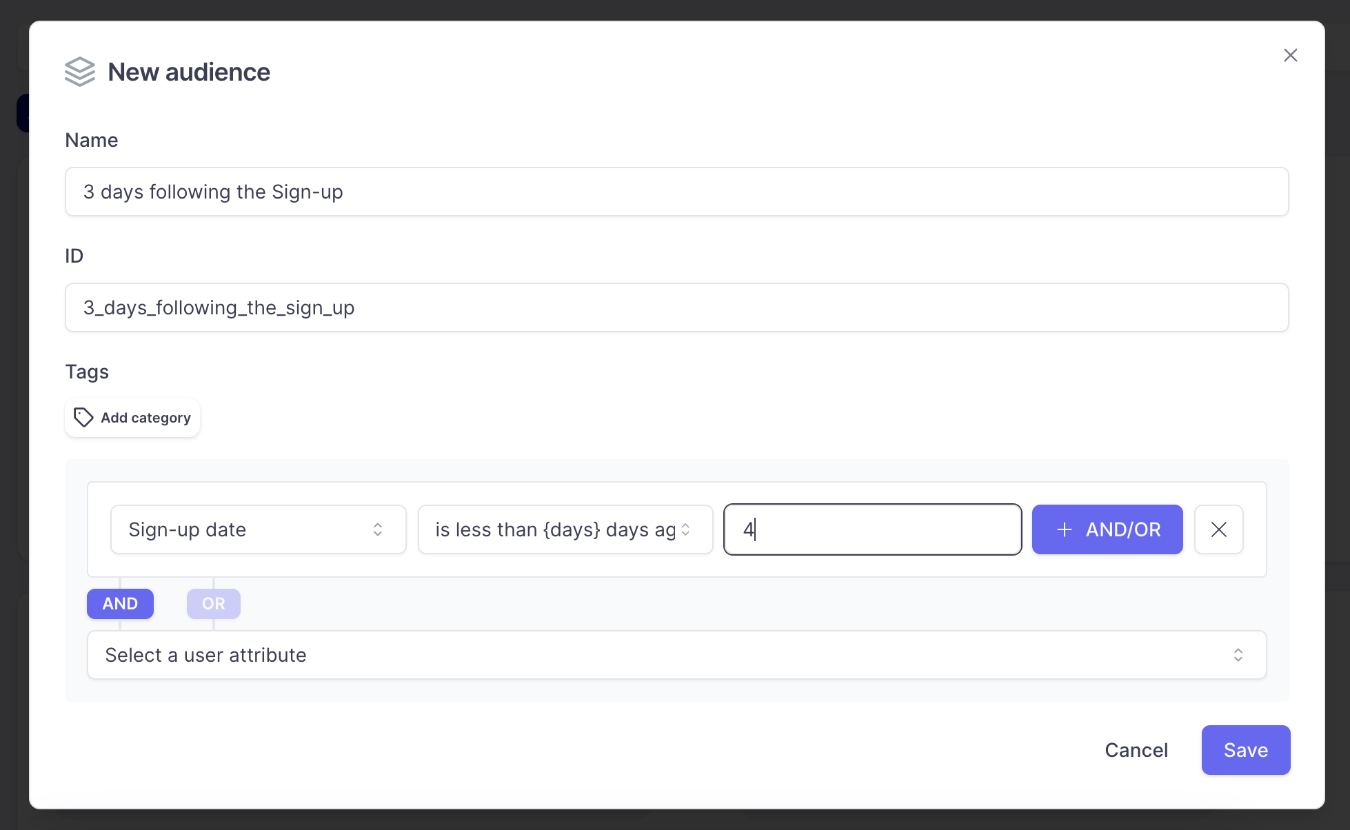 Users will belong to this Audience only if their sign-up date was less than 4 days ago. In other words, during the 3 days following their sign-up date