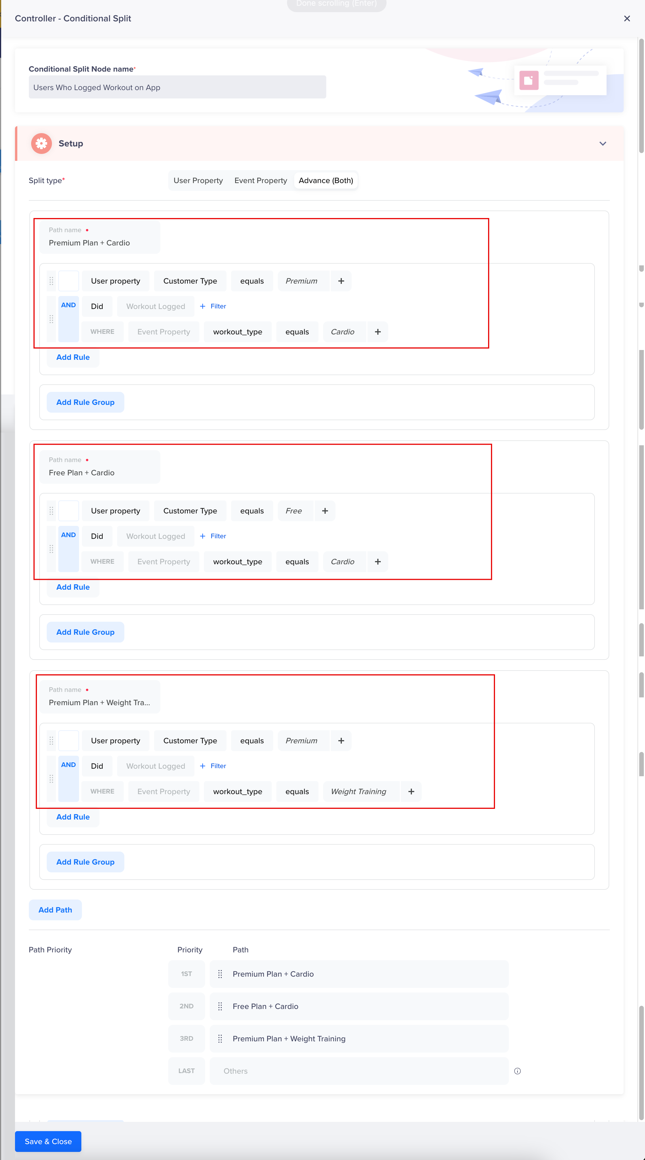 Advanced Split Setup for Trigger Type Action Node
