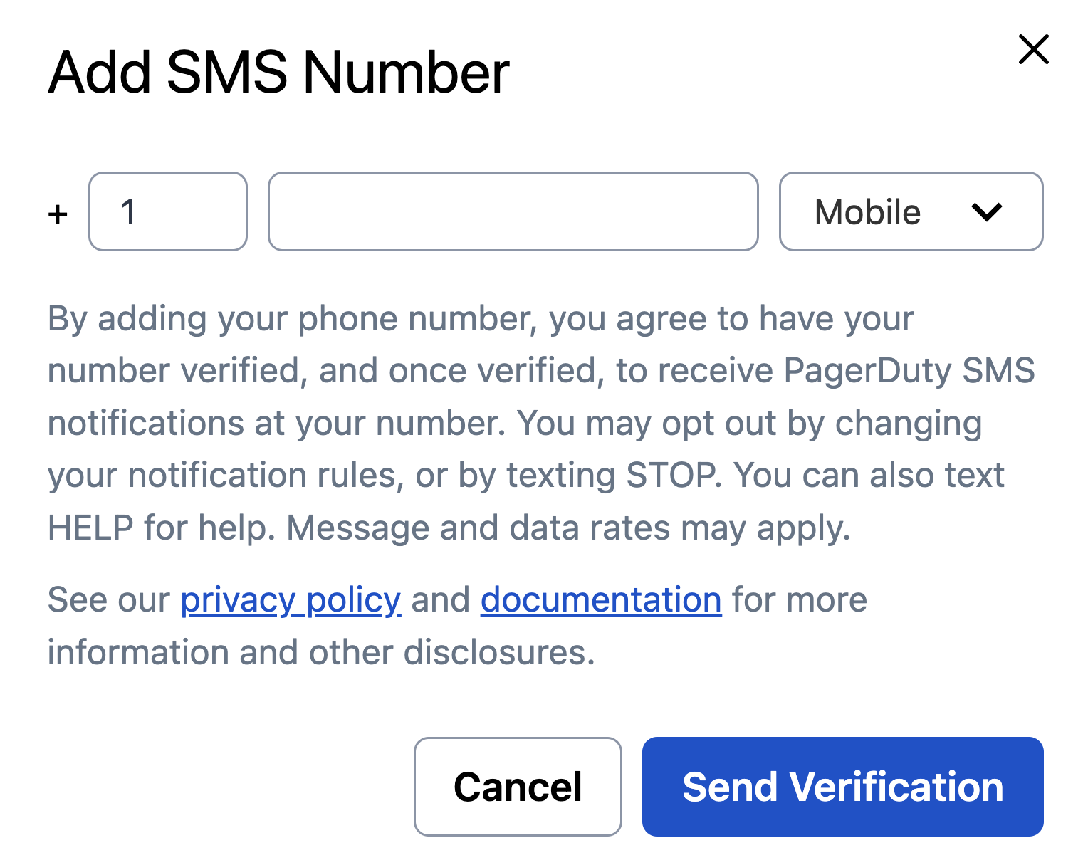 A screenshot of the PagerDuty UI showing how to add your phone number to receive SMS notifications, as well as terms of use and directions to opt out