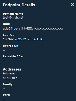 Details for an endpoint such as IP address and UUID