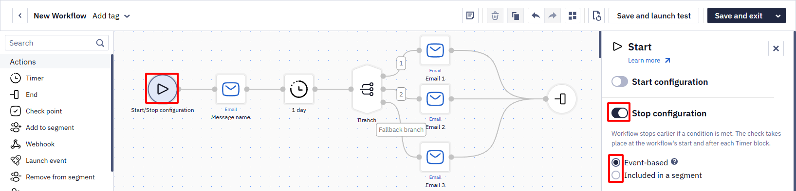 Start block settings with Stop configuration enabled and Event-based selected, next to a canvas showing a Branch block with three Email paths and a fallback branch.