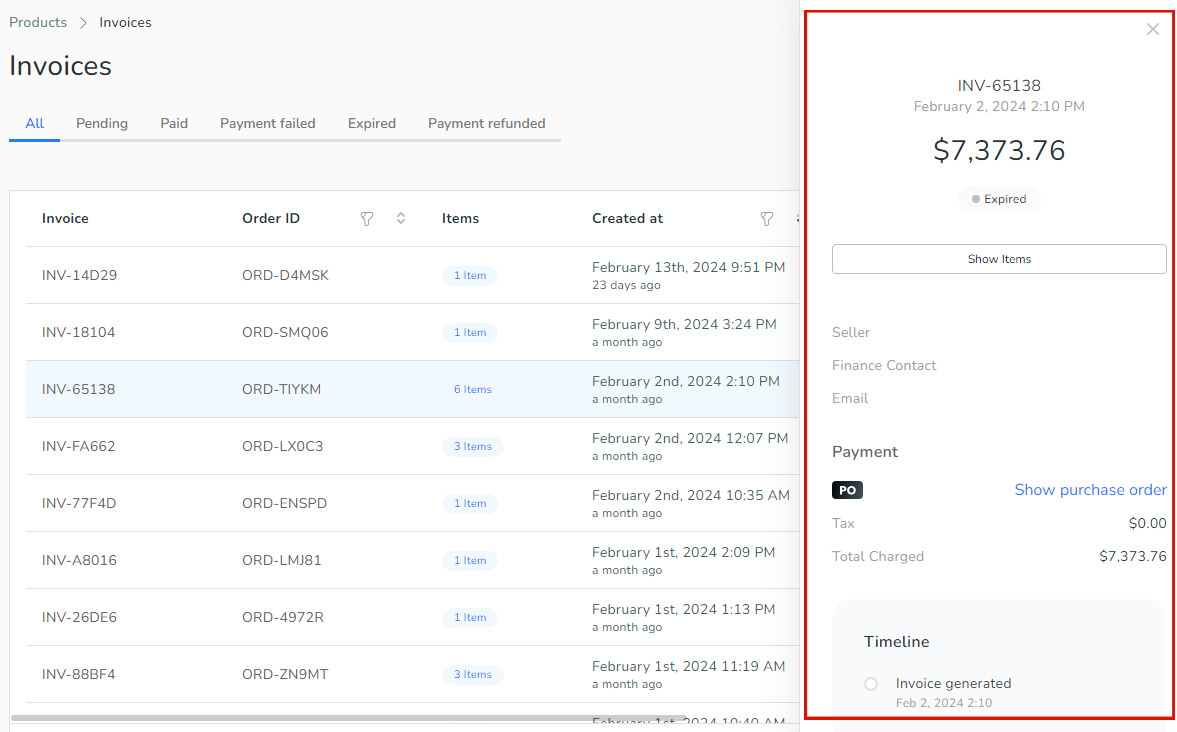 Invoices screen with right-hand panel displayed showing more detail.