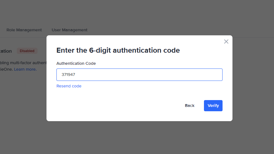 The 'Enter the 6-digit authentication code' modal.