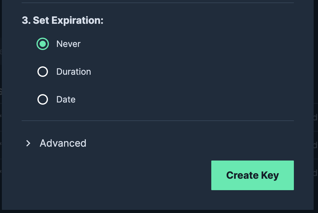Create key pop-up expiration section
