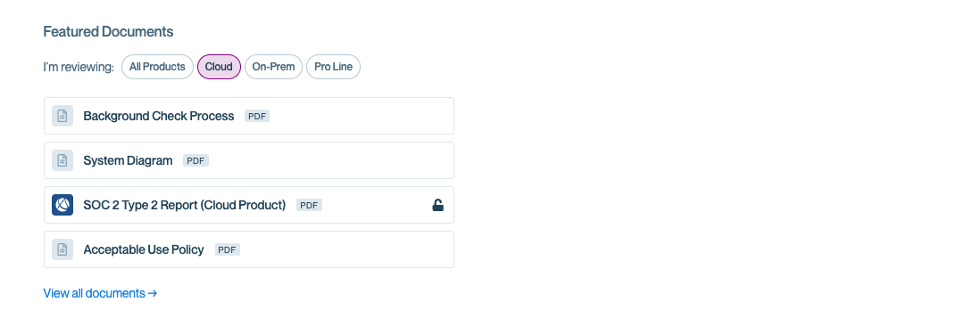Featured Documents section with Cloud, On-Prem, and Pro Line product filters.