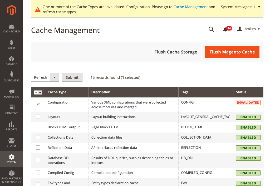 Cache managment screen