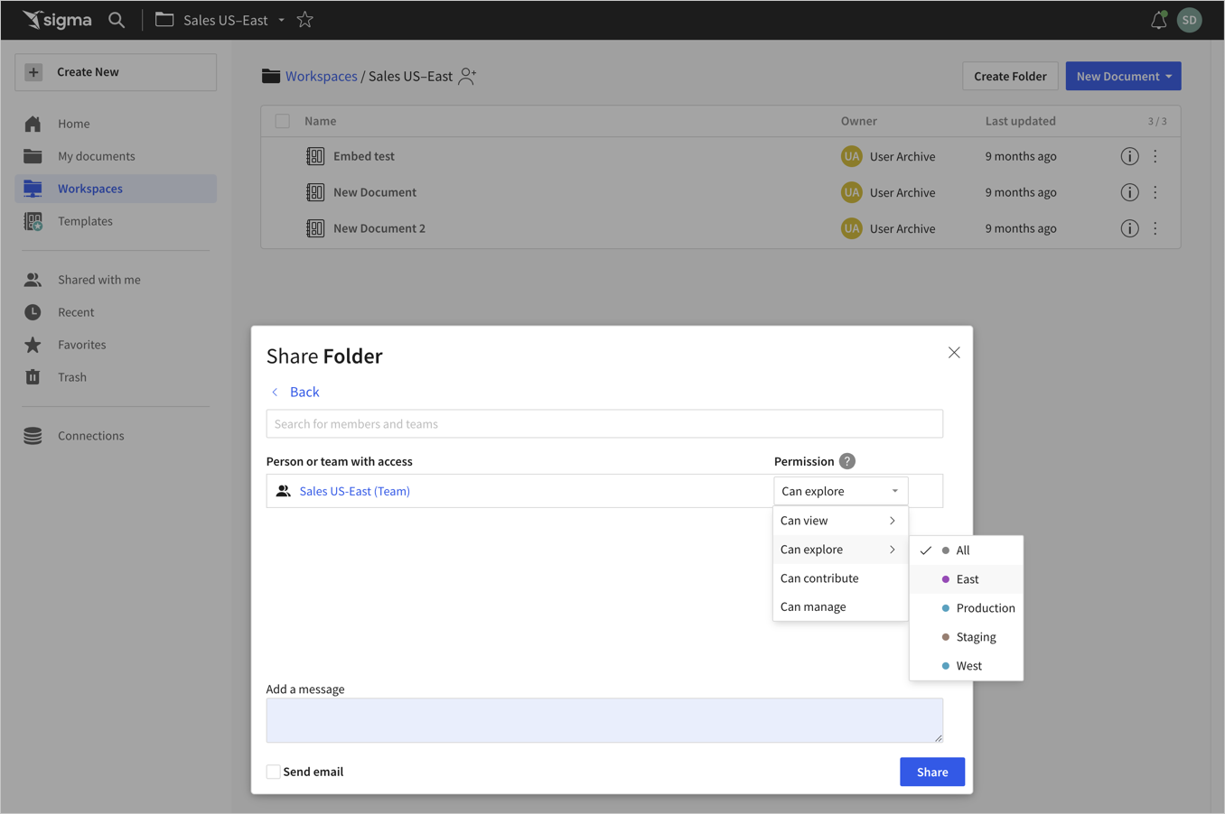 Share folder modal open for a workspace, with the Sales US-East team listed with the Explore permission and hovering over the East tag for that permission level.