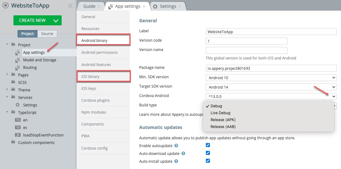 Selecting Android binary build type