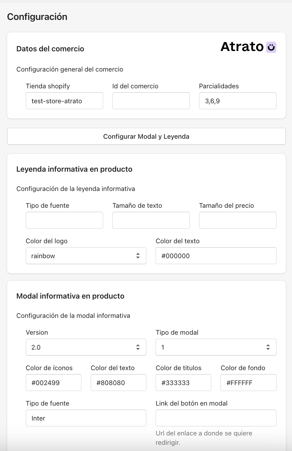 Panel de configuración