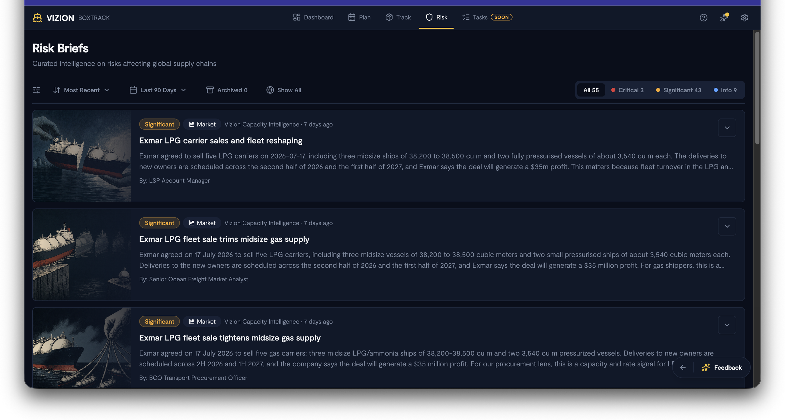 Screenshot: The Risk Briefs page showing the filter bar (Most Recent, Last 90 Days, Archived, Show All, severity tabs: All/Critical/Significant/Info), and the list of brief cards each with hero image, severity badge, category tag, source, headline, summary, and byline