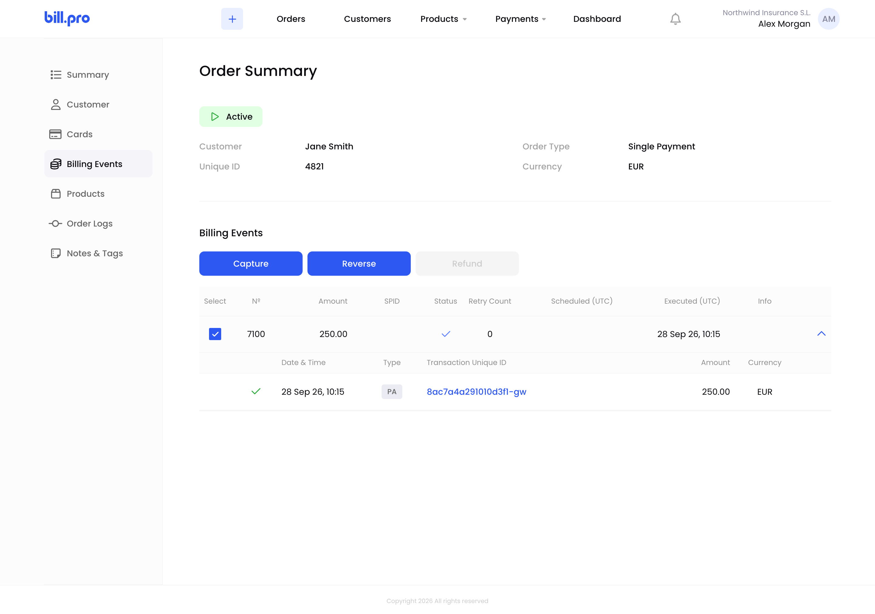 A pre-authorised payment selected, with Capture and Reverse available