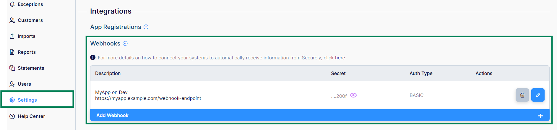 Webhook definition in the Merchant Porta