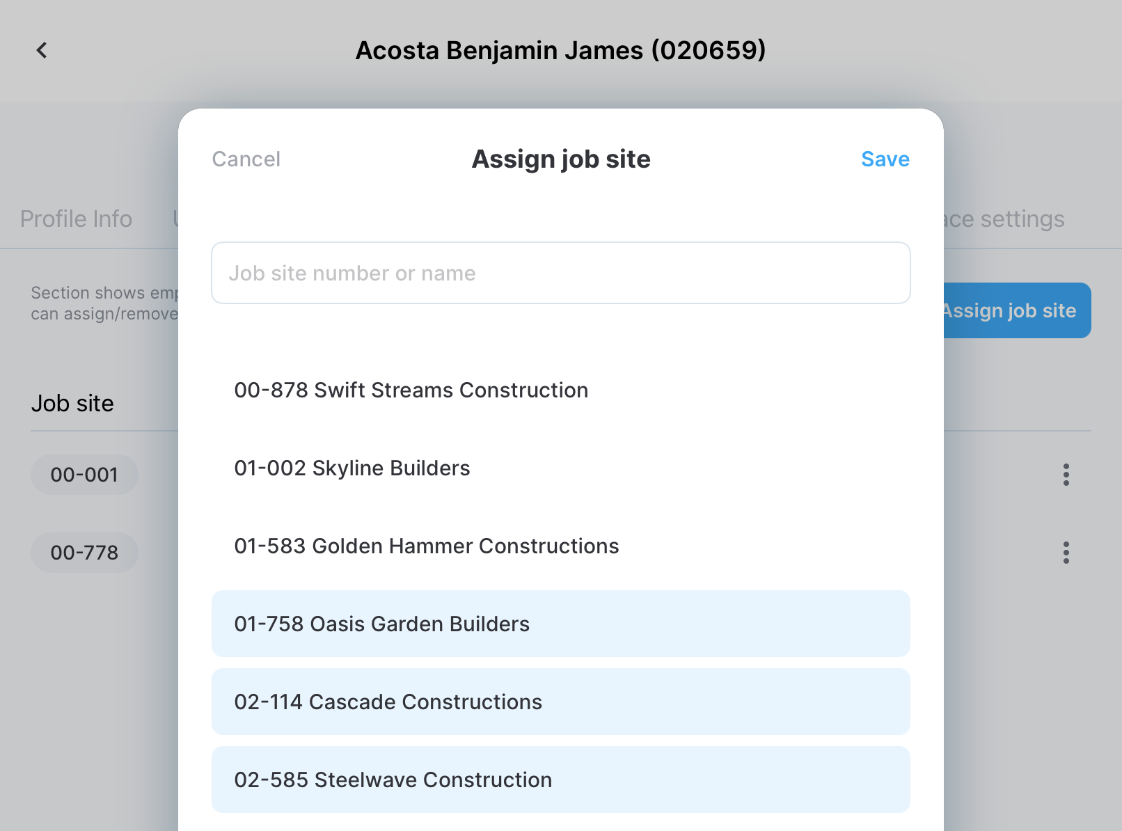 Job site assignment dialog box in employee profile