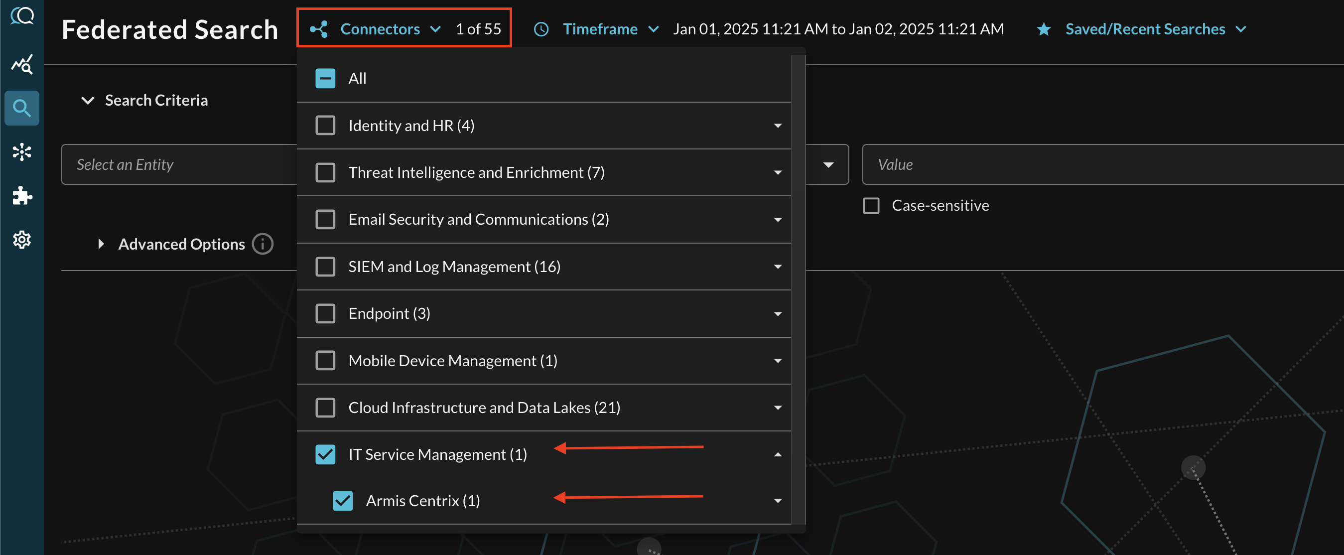 FIG. 4 - Locating the Armis Centrix connector in the Connector picker menu