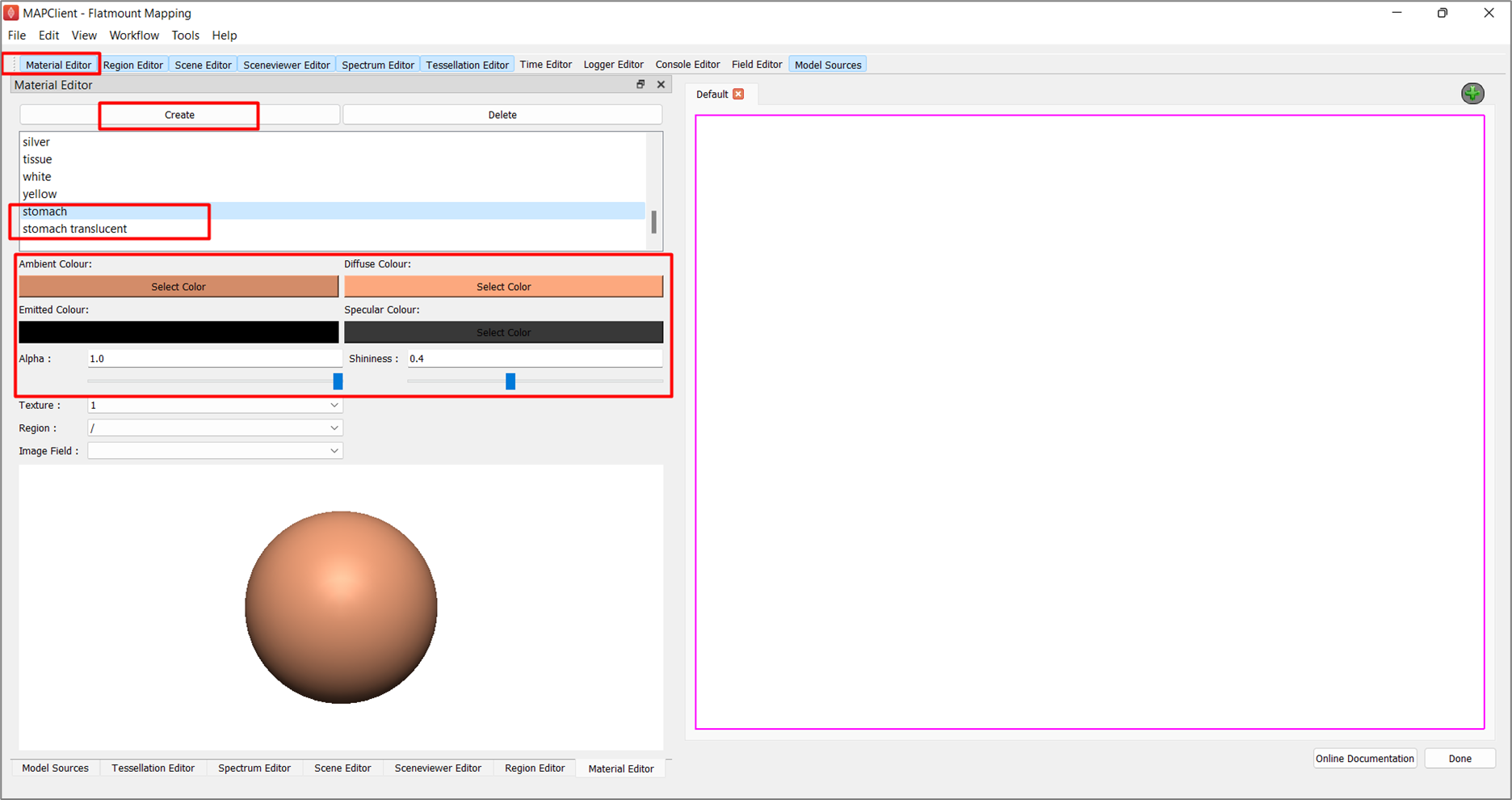 Figure 12. Material Editor showing the newly created material stomach.