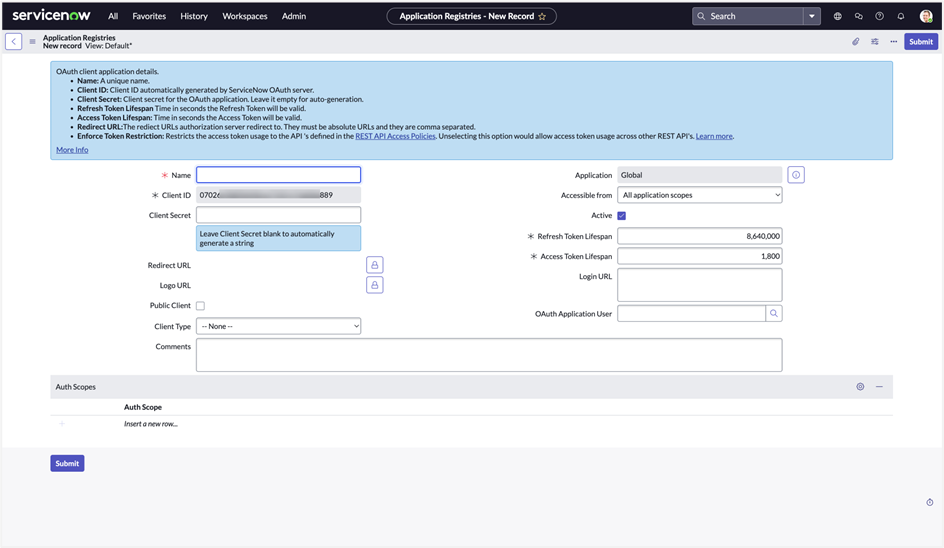 Obtaining the Client ID and Client Secret of ServiceNow