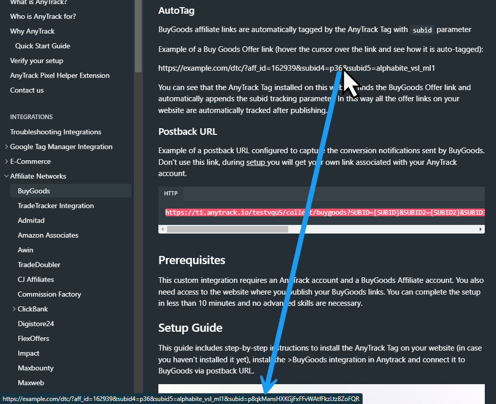 AnyTrack finds the BuyGoods Offer links and automatically appends the subid tracking parameter.