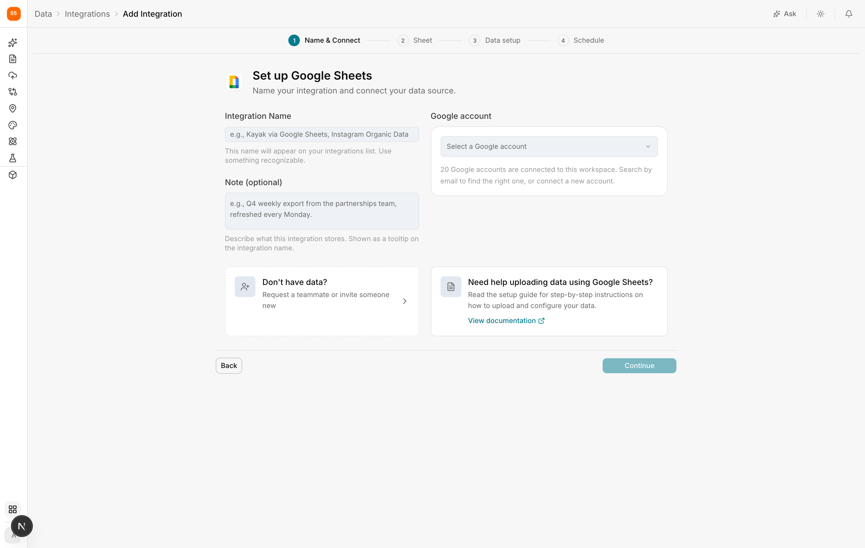 Naming a Google Sheets integration and choosing the Google account