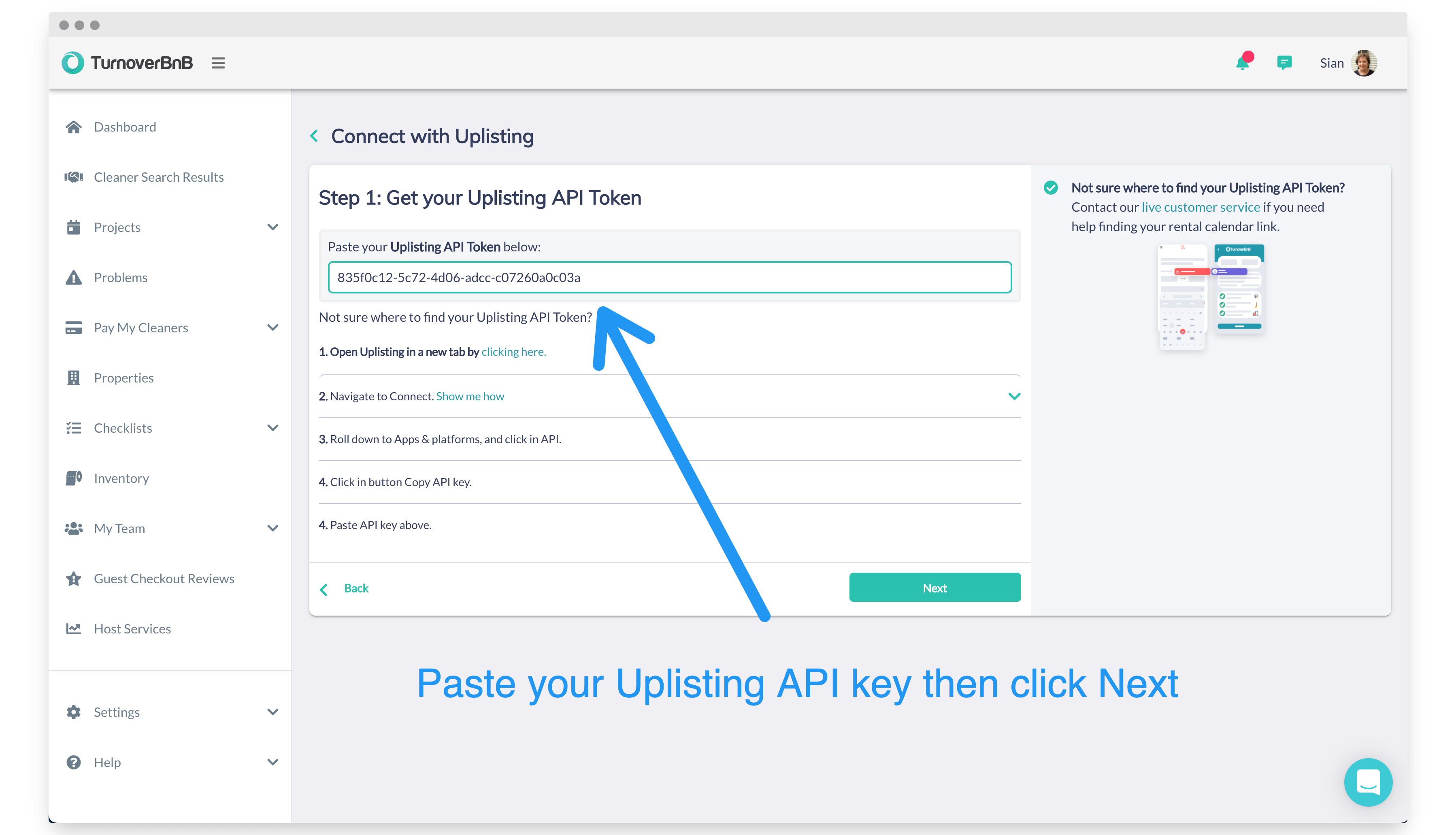 Paste your Uplisting API key on TurnoverBnB