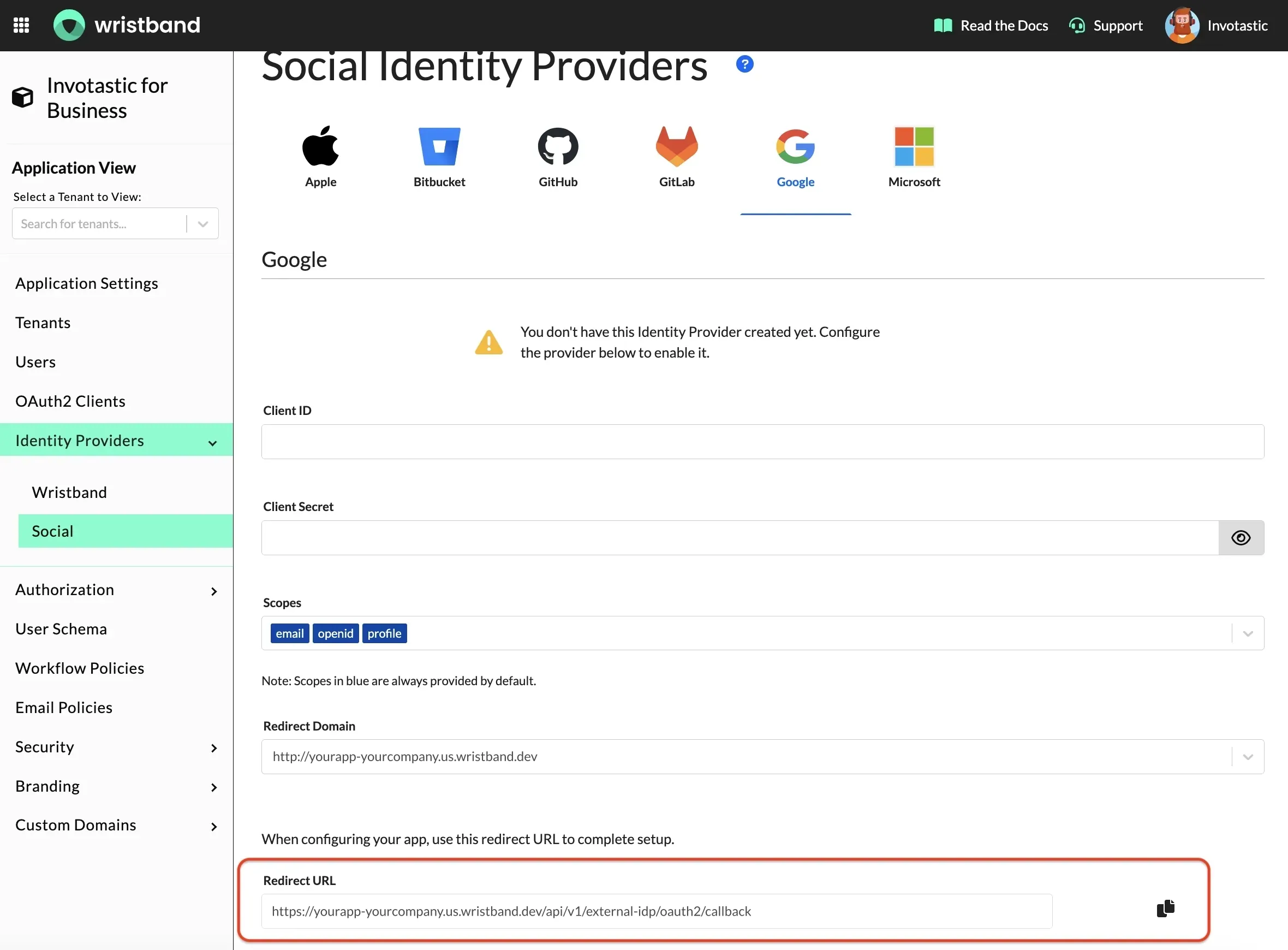 Google IDP selection in Wristband