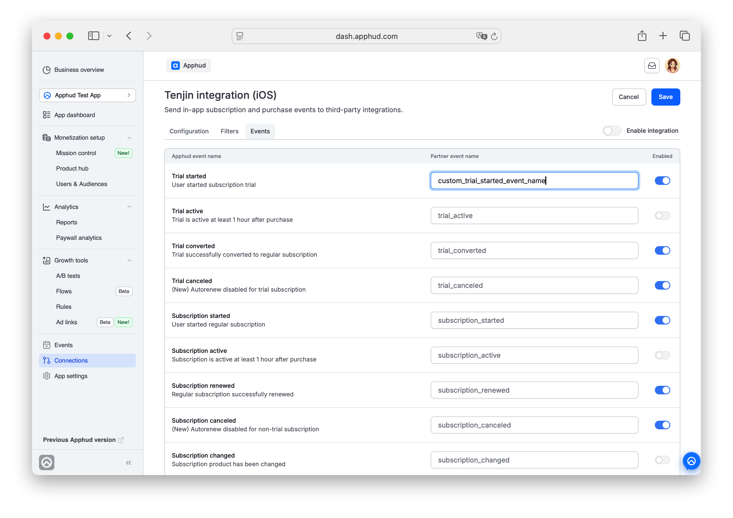 Apphud - Tenjin events configuration