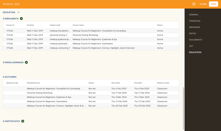 Figure 88. Enrolment section in a students record