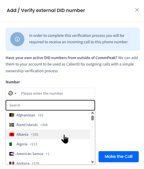 Screenshot of the Add/Verify external DID number verification dialog