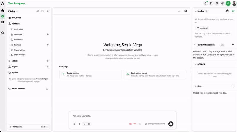 GIF: Left panel showing session navigation, search, and collapsible groups