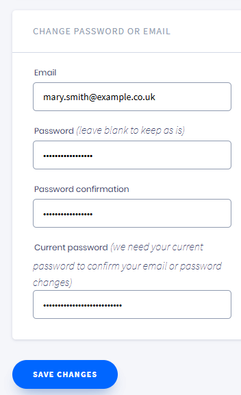 Screenshot of changing password