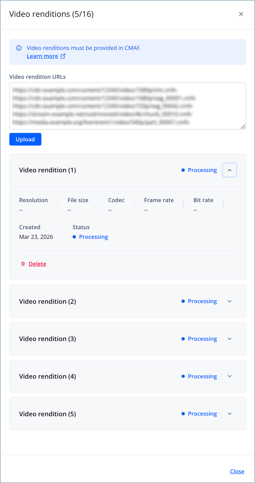 Video renditions panel