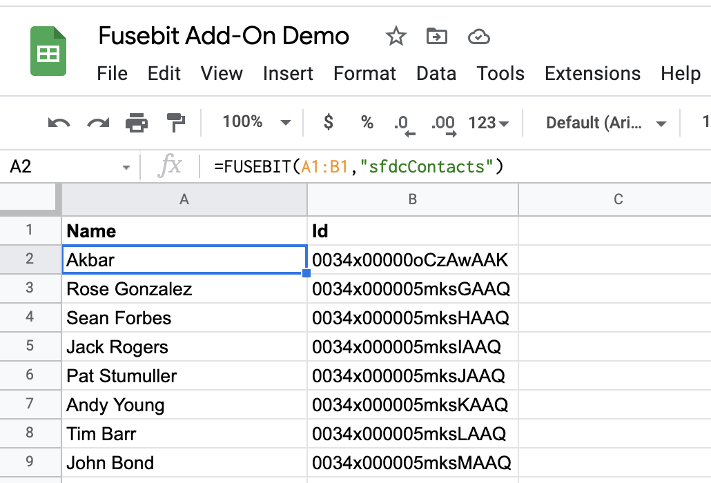 Salesforce Contact data imported into Google Sheets