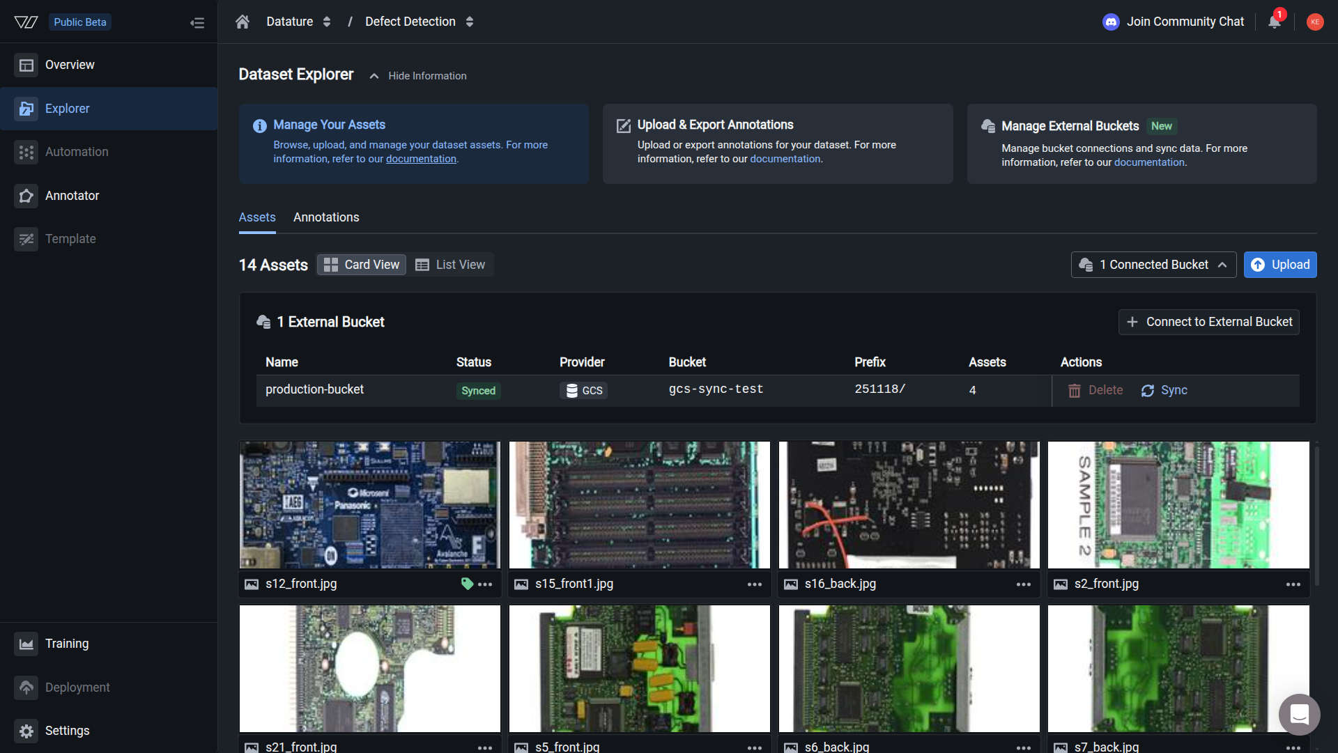 Synced images appear in the dataset Explorer. The asset count in the header reflects the GCS objects that passed the format checks.