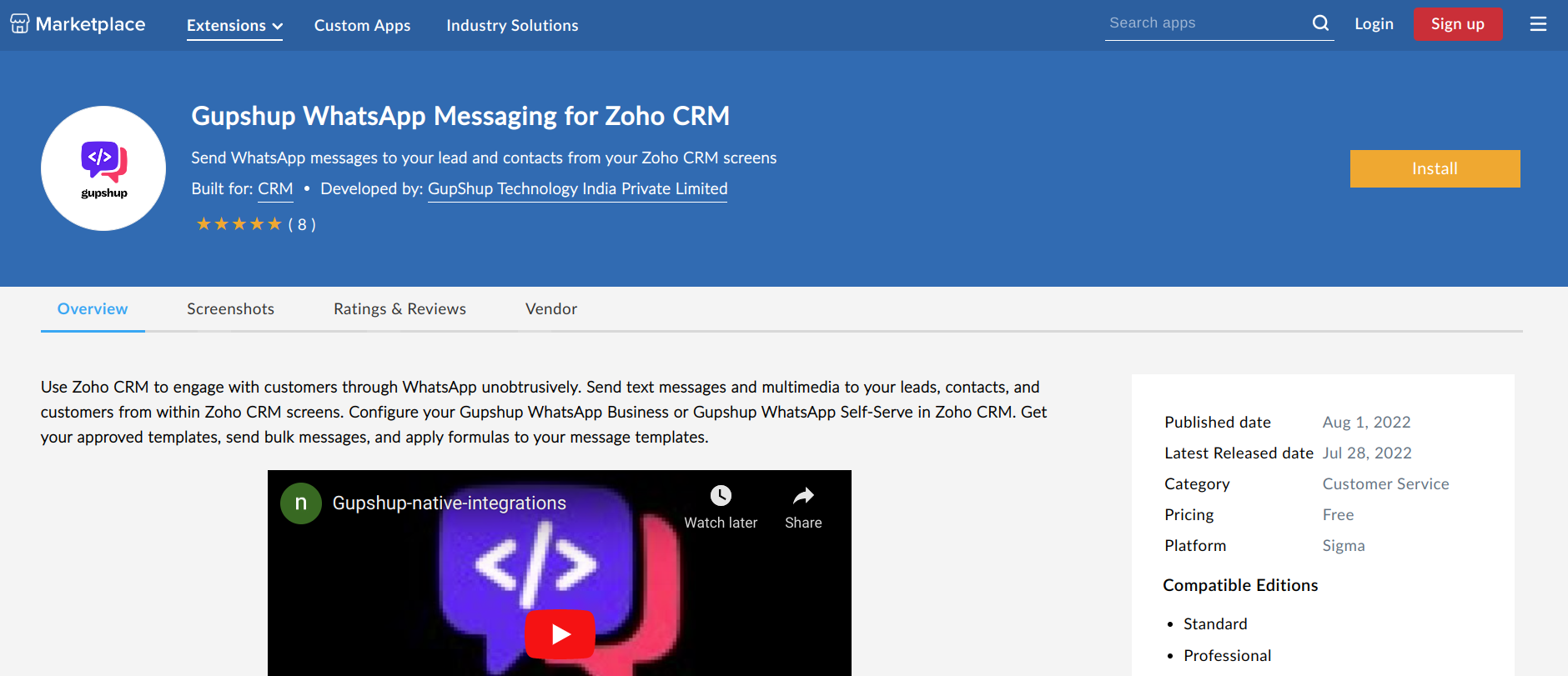 Install gupshup whatsapp messaging for zoho crm extension