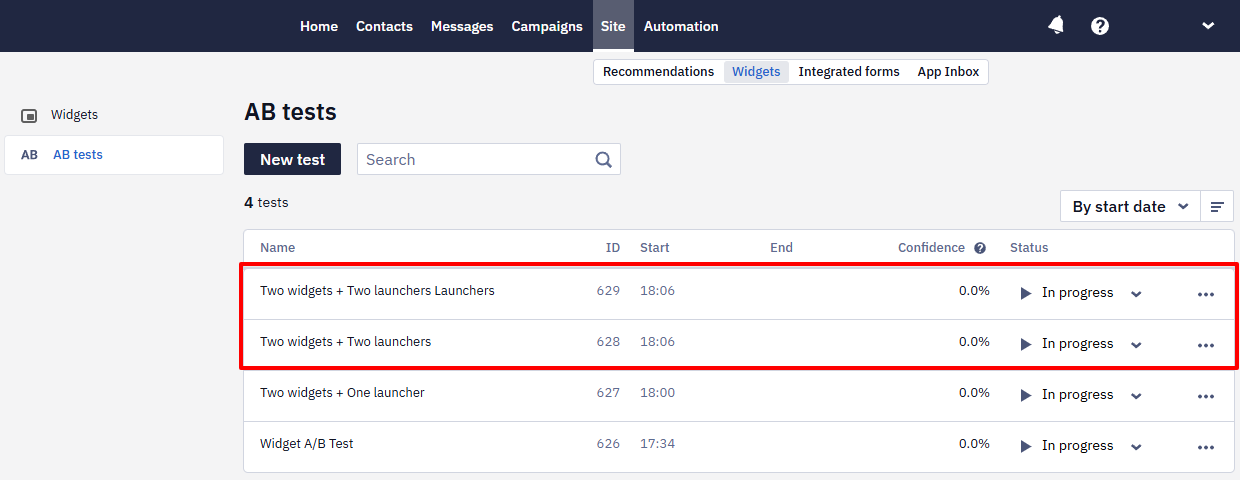AB tests list with two newly created tests, 2 widgets and 2 launchers Launchers and 2 widgets and 2 launchers, both In progress, highlighted at the top of the list