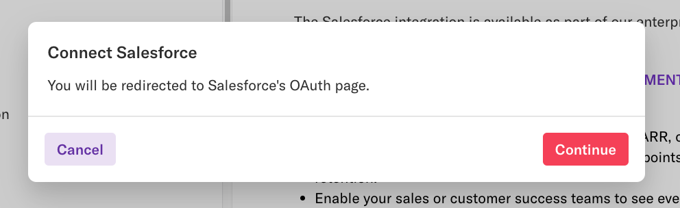 The 'Connect Salesforce' pop-up as it appears on the Salesforce Source page