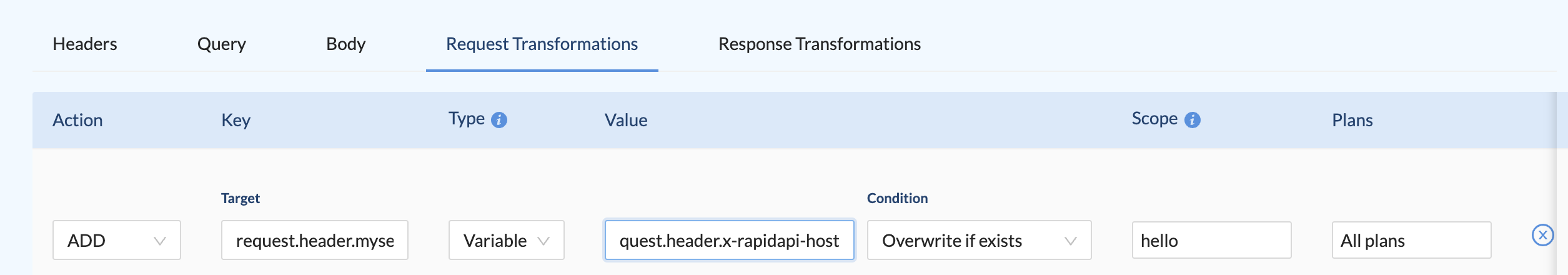 Setting a Variable value for the new 'mysecret' header. It copies the existing value of the 'x-rapidapi-host' header.